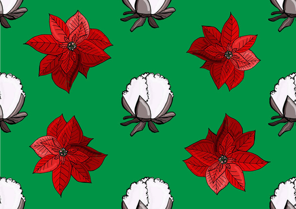 poinsettia ans cotton christmas pattern - Vettoriali, immagini