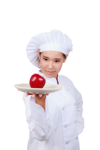 Chef che mostra il piatto di mele. Isolato su sfondo bianco con clip
 - Foto, immagini