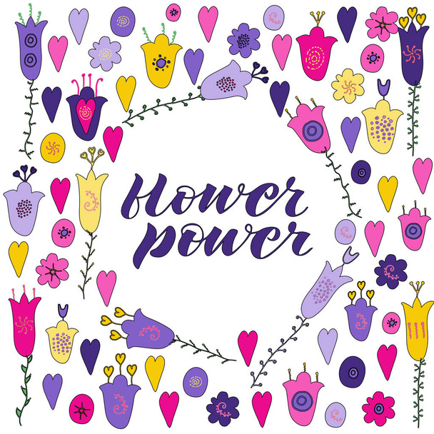 Hand drawn flowers and hearts doodle. Pink, purple, yellow  flowers. Flower power lettering. - ベクター画像