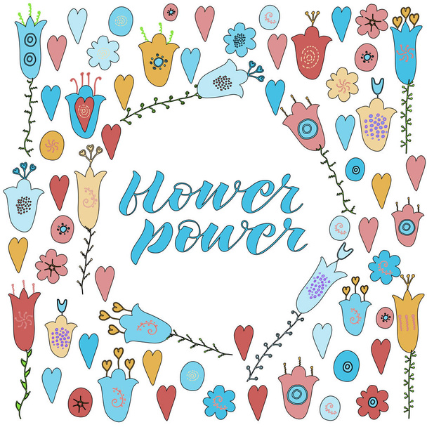 Hand drawn flowers and hearts doodle. Yellow, blue,  red flowers. Flower power lettering.   - Vektor, kép