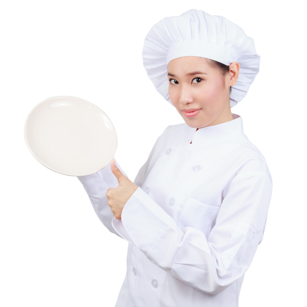 Chef mostrando plate.isolated vacío sobre fondo blanco con clipp
 - Foto, imagen