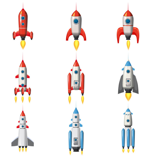 Conjunto Cohete nave espacial, ilustración vectorial aislada. Icono de nave retro simple. Estilo de dibujos animados, sobre fondo blanco, cartel, bandera
 - Vector, Imagen