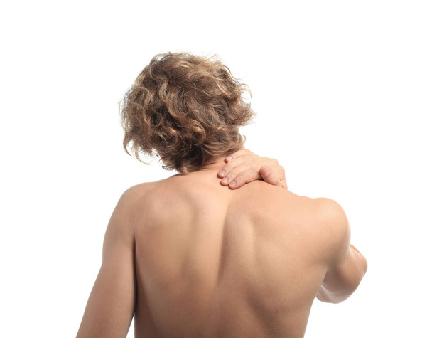 Jeune homme souffrant de douleurs au cou sur fond blanc
 - Photo, image