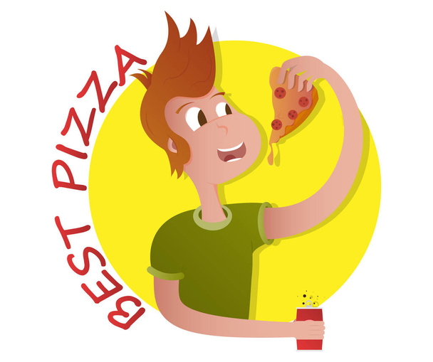 парень ест пиццу с колбасой, векторное изображение, персонаж мультфильма
 - Вектор,изображение