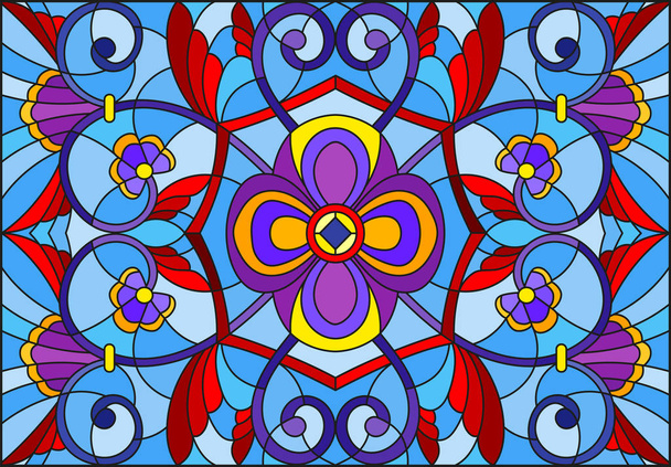 Illustration en vitrail avec des fleurs abstraites, des feuilles et des boucles sur fond bleu, orientation horizontale
 - Vecteur, image