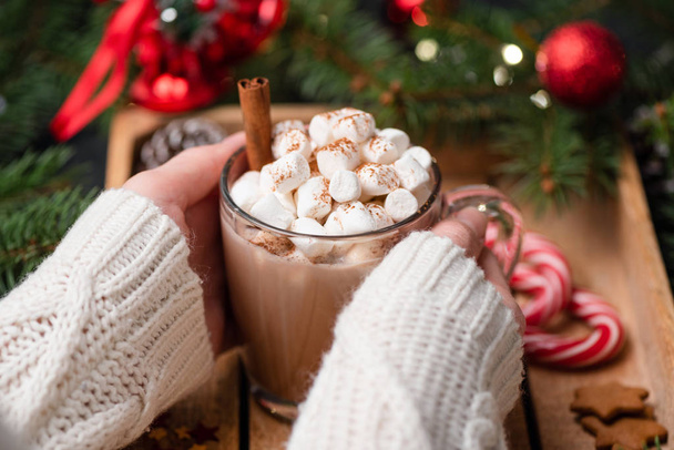Woman hands holding cup of hot chocolate with marshmallows - Valokuva, kuva