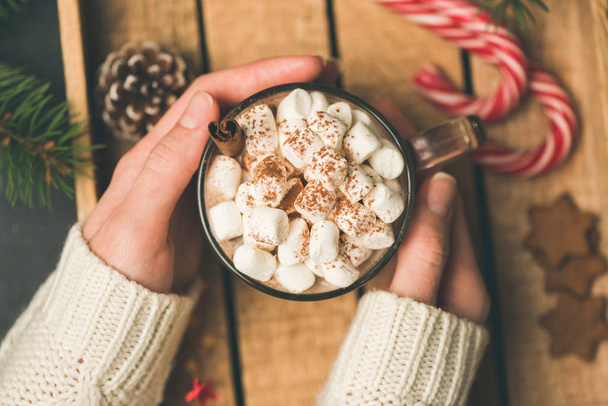 Cup of hot chocolate with marshmallows in girl hands - Foto, Imagem