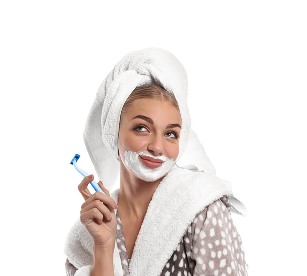 Funny woman with foam on her face and razor on white background - Foto, Imagem