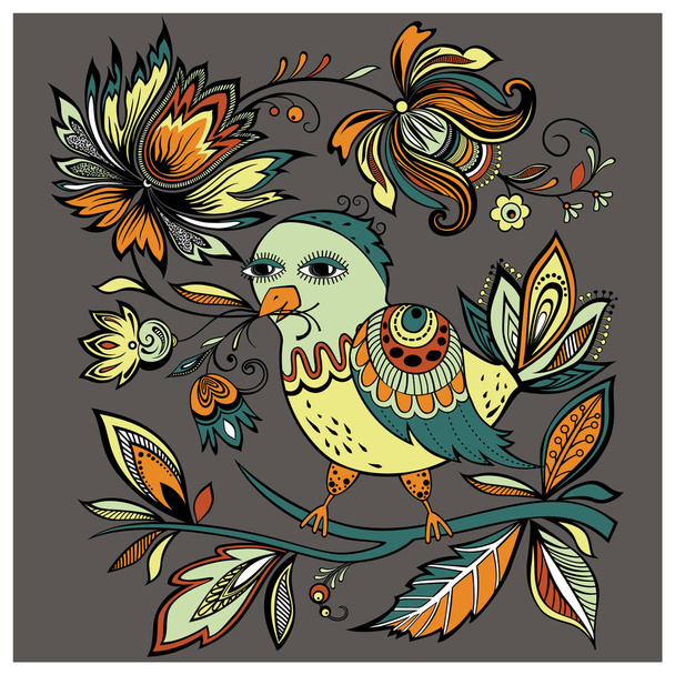 Vector illustration a bird sits on a branch holds flowers in a beak - Vettoriali, immagini