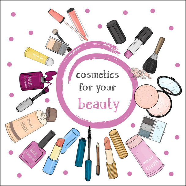 Set with womens cosmetics on a white background. Decorative cosmetics for face and nails. Colorful vector illustration in sketch style. - Vector, afbeelding