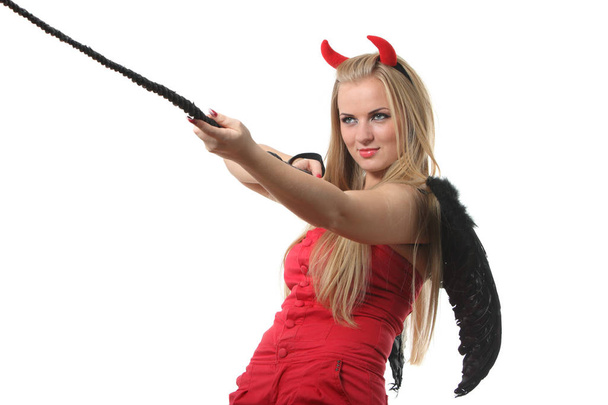 Young sexi blond woman in a costume of red devil - Foto, afbeelding