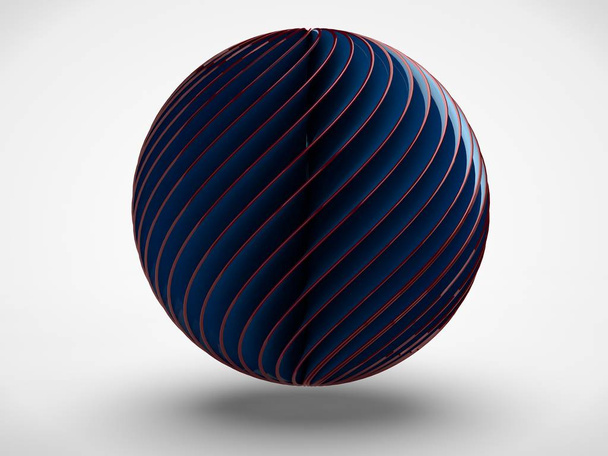 la imagen de una bola negra compuesta por muchos discos retorcidos y la esfera azul en el centro, bordes rojos sobre un fondo blanco. Renderizado 3D
 - Foto, Imagen