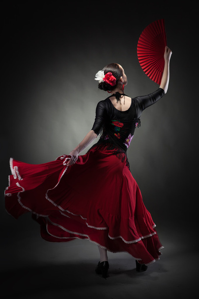Young woman dancing flamenco on black - 写真・画像