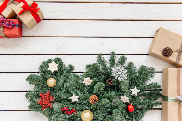 Christmas presents and boxes on wooden background - Valokuva, kuva