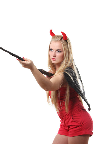 Young sexi blond woman in a costume of red devil - Foto, Bild