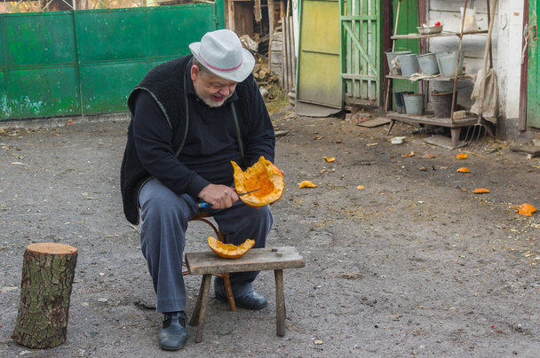 Ουκρανός αγρότης φέτες κολοκύθας για τα πουλερικά θα μπορούσε να ραμφίζουν το αργότερα - Φωτογραφία, εικόνα