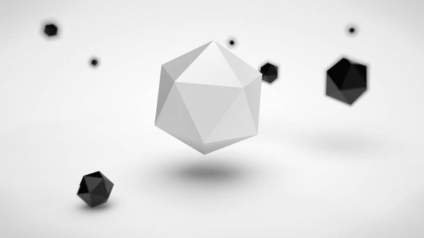 Obrázek pole polyhedra v prostoru s jinou hloubku ostrosti, černá a jeden šedý mnohostěn v centru, na bílém pozadí. 3D vykreslování - Fotografie, Obrázek