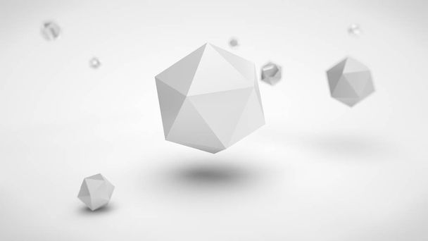 the image of the array of polyhedra in the space, with different depth of field, white in color, and one of the polyhedron gray in the center, on a white background. 3D rendering - Photo, Image