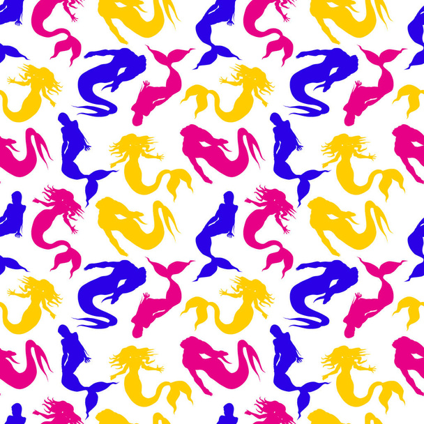Vector seamless pattern. Mermaids. Blue, yellow and red colors on white backdrop. - Vektor, kép