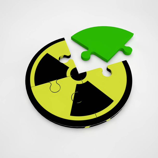 The image of the sign of radioactive danger, which consists of three puzzles and the fourth element is green. Symbol of ecology. Isolated, on white background. 3D rendering. - Photo, Image