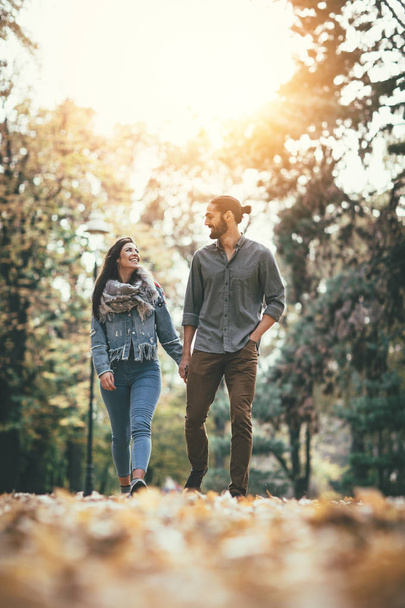 jovem casal andando no outono ensolarado parque
 - Foto, Imagem