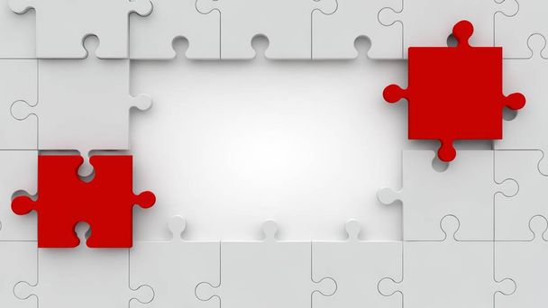 Wit, puzzels, veel puzzels wit en de twee puzzels rode kleur, met ruimte voor uw tekst en letters op een witte achtergrond. Plek voor tekst. 3D-rendering. - Foto, afbeelding