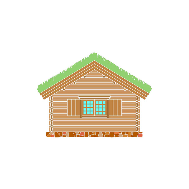 Norský tradičního domu z kulatiny. Střecha je pokryta trávník. Vektorové ilustrace. Barva silueta. - Vektor, obrázek