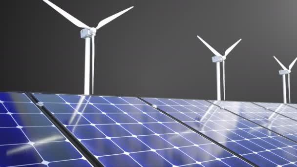 Вращающиеся ветряные мельницы и солнечные панели, 3D рендеринг, компьютерная генерация для экологического проектирования - Кадры, видео
