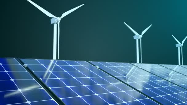 Mulini a vento rotanti e pannelli solari, rendering 3d, generazione di computer per la progettazione ecologia - Filmati, video