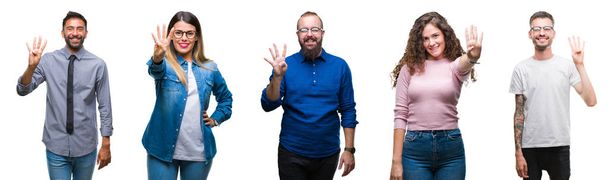 Collage van groep jongeren casual over geïsoleerde achtergrond weergeven en met de vingers omhoog nummer vier terwijl lacht zelfverzekerd en blij. - Foto, afbeelding