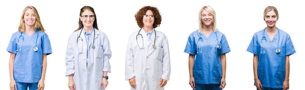 Collage de grupo de mujeres médicas profesionales sobre fondo blanco aislado con una sonrisa feliz y fresca en la cara. Persona afortunada
. - Foto, Imagen