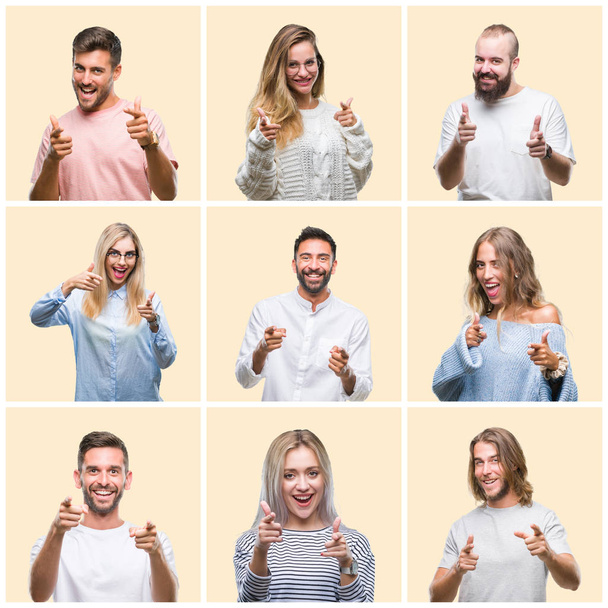 Collage di persone di gruppo, donne e uomini su sfondo colorato giallo isolato puntando le dita verso la fotocamera con viso felice e divertente. Buona energia e vibrazioni
. - Foto, immagini