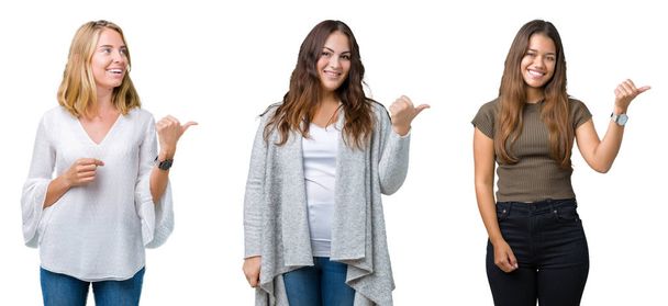 Collage de groupe de trois jeunes belles femmes sur fond blanc isolé souriant avec le visage heureux regardant et pointant vers le côté avec le pouce vers le haut
. - Photo, image