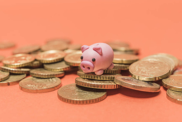 Concepto de ahorro. Micro Piggy Bank y monedas en euros Concepto de dinero
. - Foto, imagen