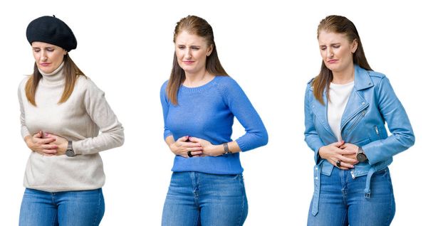 Collage of beautiful middle age woman over isolated background with hand on stomach because nausea, painful disease feeling unwell. Ache concept. - Photo, Image