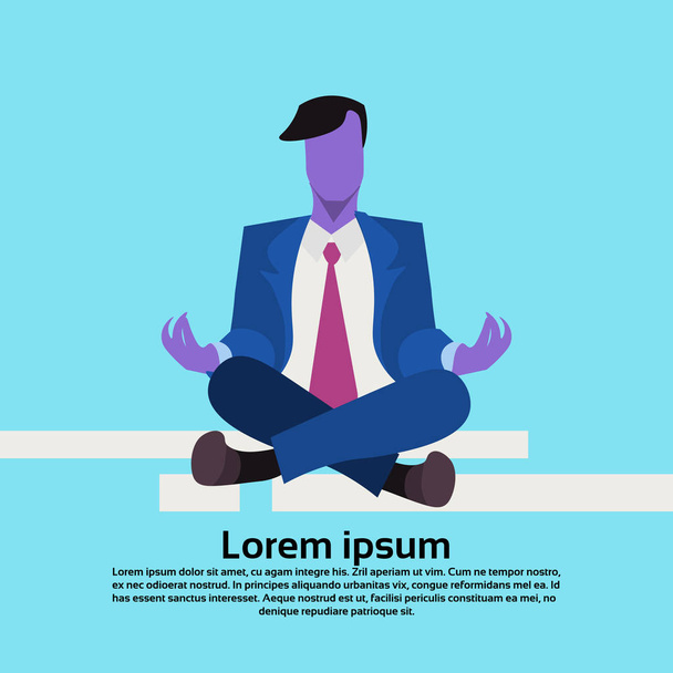 Relaxed violet businessman meditating in lotus position working balance concept male cartoon character flat blue background copy space - Vector, Image
