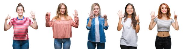 Колаж молодих красивих жінок над ізольованим тлом, що показує і вказує пальцями номер шість, посміхаючись впевнено і щасливо
. - Фото, зображення