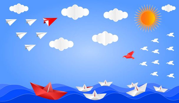 Самолет, лодка и птица сложены из бумаги, Лидер команды красный, показывая лидерство и командной работы для достижения бизнес-цели, векторные иллюстрации бумаги графический дизайн
. - Вектор,изображение