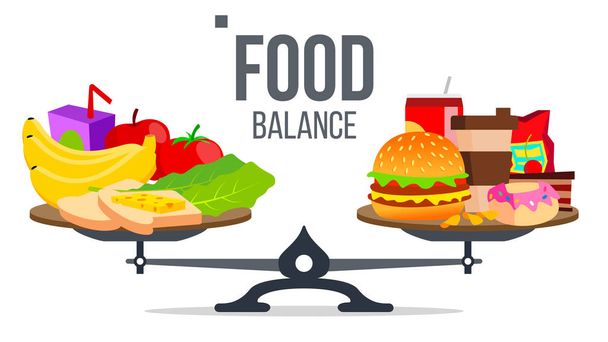 健康と不健康な食品のベクトルのバランス。孤立した漫画の実例 - ベクター画像