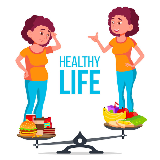 Vet en slank meisje op de weegschaal met gezonde en ongezonde voeding Vector. Geïsoleerde Cartoon afbeelding - Vector, afbeelding