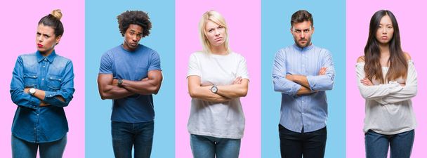 Collage of group of young casual people over colorful isolated background skeptic and nervous, disapproving expression on face with crossed arms. Negative person. - Photo, Image