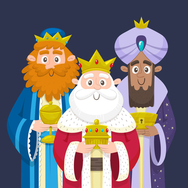 Kolme kuningasta. Kolme viisasta miestä muotokuva. Melchior, Gaspard ja Balthazar tuovat lahjoja Jeesukselle. Vektoriesimerkki
. - Vektori, kuva