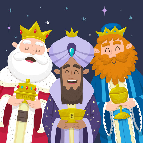 Zabawny portret trzech mędrców, Trzech Króli. Melchior, Gaspard i Balthazar, uśmiechając się i przynosi prezenty dla Jezusa. Ilustracja wektorowa. - Wektor, obraz