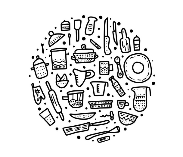 Σύνολο των διανυσματικών εξοπλισμό κουζίνας σε στυλ doodle. - Διάνυσμα, εικόνα