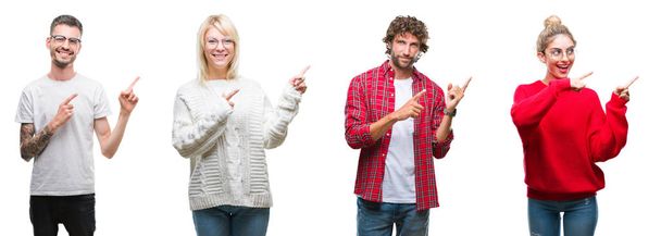 Collage einer Gruppe junger Leute vor weißem, isoliertem Hintergrund, die lächelnd in die Kamera blicken und mit zwei Händen und Fingern zur Seite zeigen. - Foto, Bild
