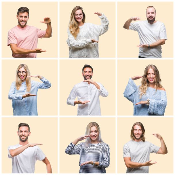 Collage of group people, women and men over colorful yellow isolated background gesturing with hands showing big and large size sign, measure symbol. Smiling looking at the camera. Measuring concept. - Photo, Image