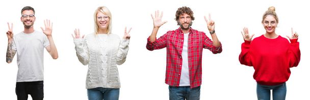 Коллаж группы молодых людей на белом изолированном фоне, показывающий и указывающий пальцами номер семь, улыбаясь уверенно и счастливо
. - Фото, изображение