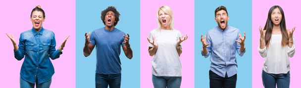 Collage of group of young casual people over colorful isolated background crazy and mad shouting and yelling with aggressive expression and arms raised. Frustration concept. - Photo, Image