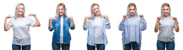 Collage of beautiful blonde young woman over isolated background looking confident with smile on face, pointing oneself with fingers proud and happy. - Photo, Image
