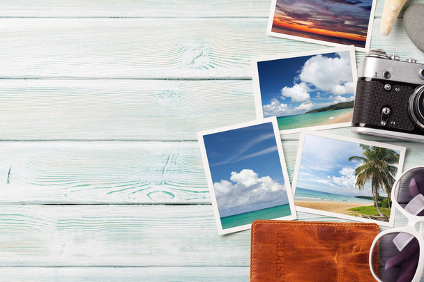 Travel vacation background concept with weekend photos on wooden backdrop. Top view with copy space. Flat lay. All photos taken by me - Fotó, kép